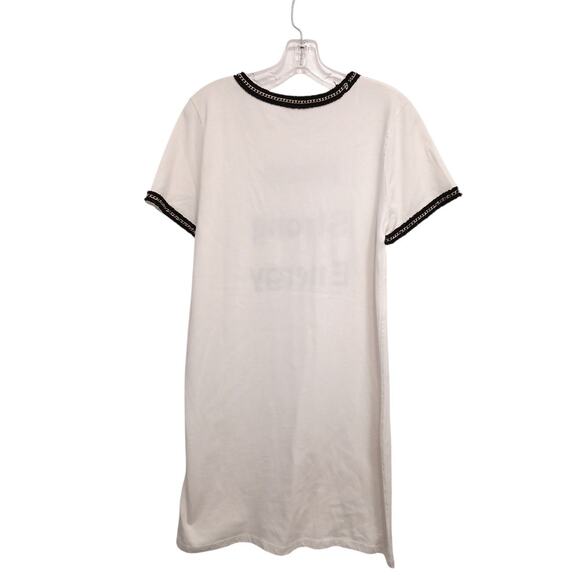 Zara T-SHIRT Dress Sz M White Have Strong Energy PARIS Designer Chain Black Trim - Picture 10 of 16